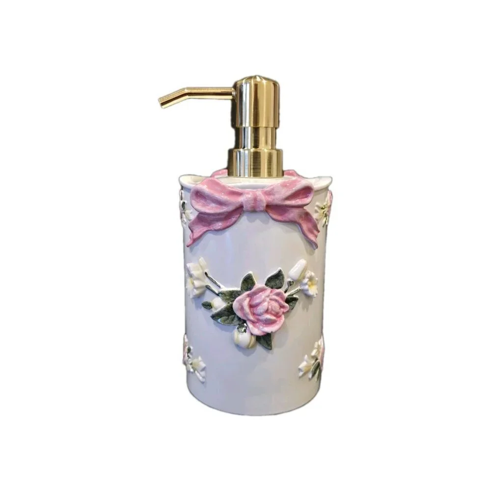 New Girly Victorian Soap Dispenser White & Pink W/ Roses Bathroon Vanity Decor